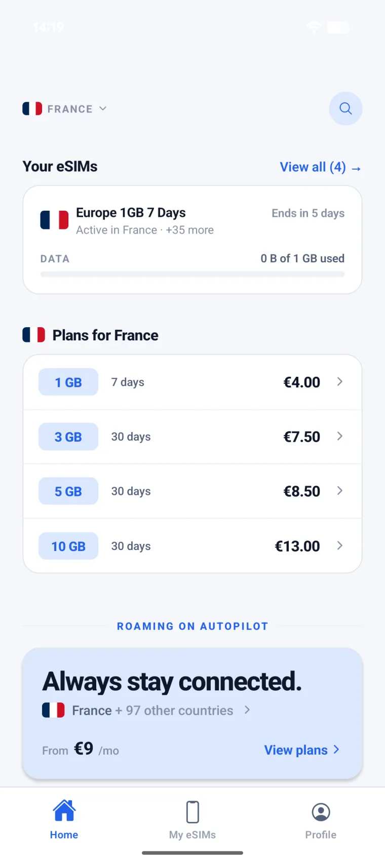 eSIM Copilot for Android — home screen with active eSIM and plans for France